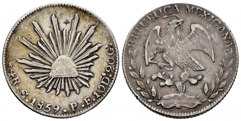 México. 4 reales. 1859. Guanajuato. PF. (Km-375.4). Ag. 13,41 g. MBC-/MBC. Est.....
