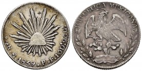 México. 4 reales. 1859. Guanajuato. PF. (Km-375.4). Ag. 13,41 g. MBC-/MBC. Est...25,00.