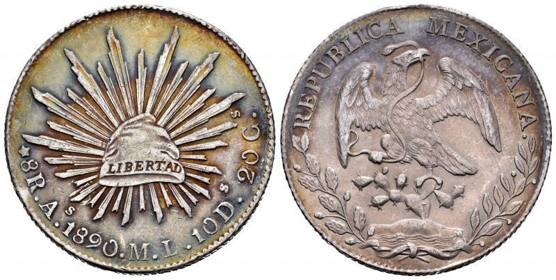 México. 8 reales. 1890. Álamos. ML. (Km-377). Ag. 27,19 g. Pátina iridiscente. G...