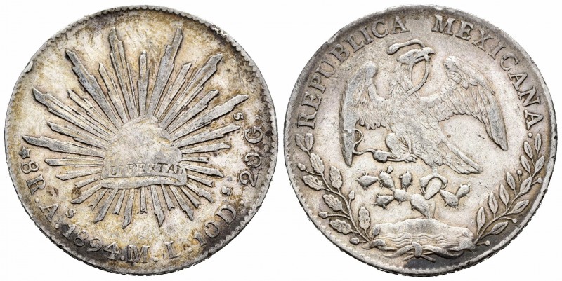 México. 8 reales. 1894. Álamos. ML. (Km-377). Ag. 26,81 g. Golpecitos en el cant...