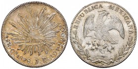 México. 8 reales. 1878. Culiacán. JD. (Km-377.3). Ag. 27,10 g. Bella. Ligera pátina. Brillo original. EBC+/SC-. Est...180,00.