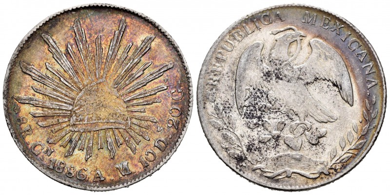 México. 8 reales. 1886. Culiacán. AM. (Km-377.3). Ag. 27,08 g. Pátina iridiscent...