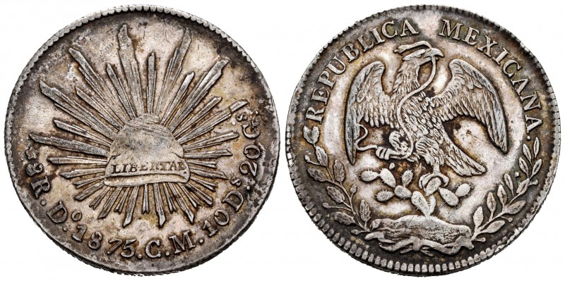 México. 8 reales. 1875. Durango. CM. (Km-377.4). Ag. 27,40 g. MBC+. Est...40,00....