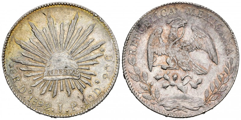 México. 8 reales. 1892. Durango. JP. (Km-377.4). Ag. 27,00 g. Leves rayas. Parte...