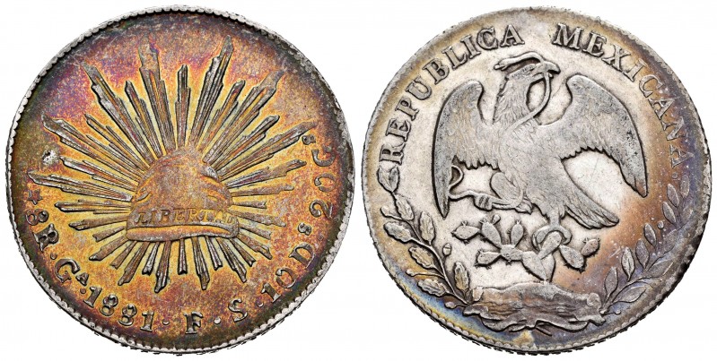 México. 8 reales. 1881. Guadalajara. FS. (Km-377.6). Ag. 26,97 g. Pátina iridisc...