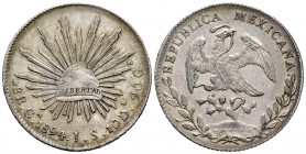 México. 8 reales. 1894. Guadalajara. JS. (Km-377.6). Ag. 27,21 g. MBC+. Est...35,00.