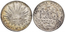 México. 8 reales. 1893. San Luis de Potosí. MR. (Km-377.12). Ag. 27,01 g. Pátina ligeramente irisada. EBC. Est...60,00.