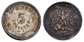 México. 5 centavos. 1886. México. M. (Km-398.7). Ag. 1,42 g. EBC-. Est...10,00.