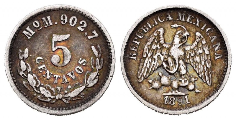 México. 5 centavos. 1891. México. M. (Km-398.7). Ag. 1,38 g. MBC-. Est...10,00....
