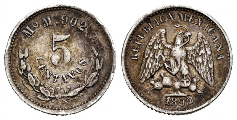 México. 5 centavos. 1892. México. M. (Km-398.7). Ag. 1,30 g. MBC+. Est...10,00....