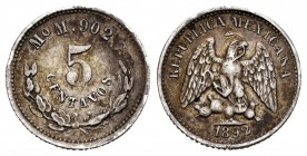 México. 5 centavos. 1892. México. M. (Km-398.7). Ag. 1,30 g. MBC+. Est...10,00.