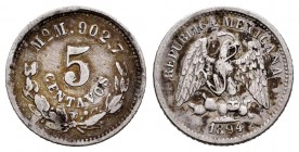 México. 5 centavos. 1894. México. M. (Km-398.7). Ag. 1,32 g. MBC-. Est...9,00.