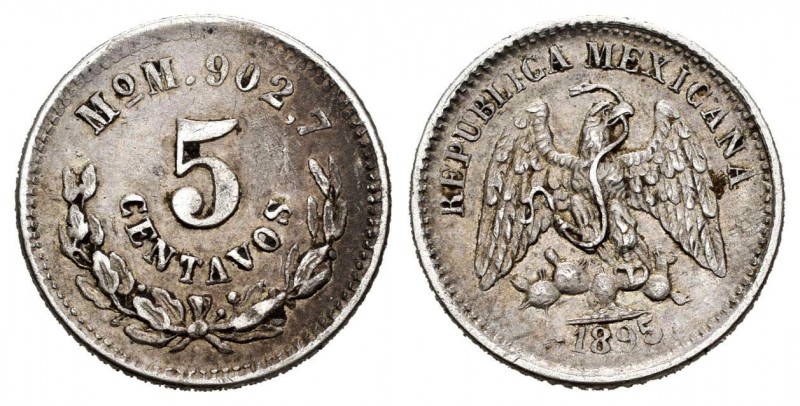 México. 5 centavos. 1895. México. M. (Km-398.7). Ag. 1,33 g. MBC+. Est...10,00....