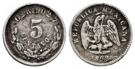 México. 5 centavos. 1898. Guanajuato. R. (Km-400.1). Ag. 1,34 g. Rayas. MBC. Est...9,00.