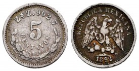 México. 5 centavos. 1892. Zacatecas. Z. (Km-403.1). Ag. 1,38 g. MBC-. Est...9,00.