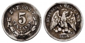 México. 5 centavos. 1896. Zacatecas. Z. (Km-403.1). Ag. 1,31 g. MBC-. Est...9,00.