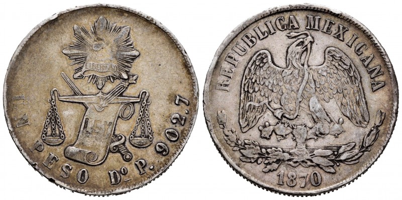 México. 1 peso. 1870. Durango. P. (Km-408.2). Ag. 27,52 g. Golpecitos en el cant...