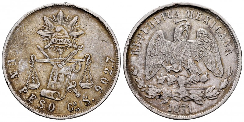 México. 1 peso. 1871. Guanajuato. S. (Km-408.4). Ag. 26,93 g. Golpecitos en el c...