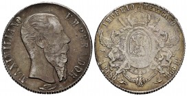 México. Maximiliano. 1 peso. 1866. San Luis de Potosí. (Km-388.2). Ag. 26,91 g. Tono. Escasa. BC/BC+. Est...50,00.