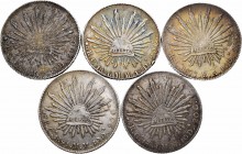 México. Lote de 5 piezas de plata de 8 reales de Chihuahua, 1877, 1880, 1882, 1888, 1891. A EXAMINAR. BC+/MBC+. Est...125,00.