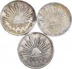 México. Lote de 3 piezas de plata de 8 reales, 2 de Durango (1879, 1886), 1 de Culiacán (1880). A EXAMINAR. MBC/MBC+. Est...90,00.