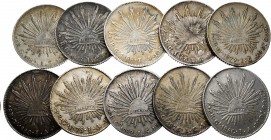 México. Lote de 10 piezas de plata de 8 reales de Guadalajara, 1876, 1877, 1878, 1880 (2), 1883, 1886, 1888, 1889 (2). A EXAMINAR. MBC-/MBC+. Est...25...