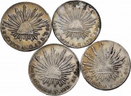México. Lote de 4 piezas de plata de 8 reales de Oaxaca, 1874, 1888, 1890, 1893. A EXAMINAR. BC+/MBC+. Est...100,00.
