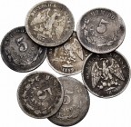 México. Lote de 5 piezas de plata de 5 centavos de México, 1870, 1872, 1878, 1890, 1893, 1894, 1899. A EXAMINAR. BC/MBC-. Est...10,00.