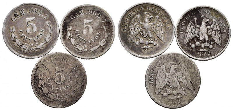 México. Lote de 3 piezas de plata de 5 centavos de Culiacán, 1889, 1891, 1897. A...