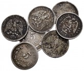 México. Lote de 7 piezas de plata de 5 centavos de Guanajuato, 1881, 1888, 1890, 1892, 1894, 1897, 1899. A EXAMINAR. BC-/MBC. Est...30,00.