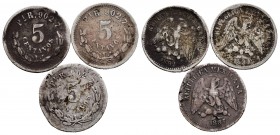 México. Lote de 3 piezas de plata de 5 centavos de San Luís de Potosí, 1887, 1890, 1892. A EXAMINAR. BC/MBC-. Est...15,00.