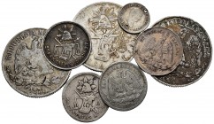 México. Lote de 8 piezas de plata, 3 de 1 peso (1871(2), 1873), 4 de 25 centavos de peso (1886, 1887, 1888, 1900) y 1 de 1/2 real de Agustín de Iturbi...