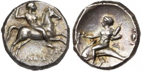 CALABRE, TARENTE, AR nomos, 272-235 av. J.-C. D/ Cavalier au galop à d., brandissant une lance. Sous le cheval, IΠΠΟΔA et petit dauphin à d. R/ Taras...