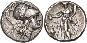 LUCANIE, HERACLEE, AR statère, 280-272 av. J.-C. D/ T. casquée d''Athéna à d., le casque lauré. Derrière la nuque, NI. R/ HPAKΛEIΩN Héraclès deb. à g...
