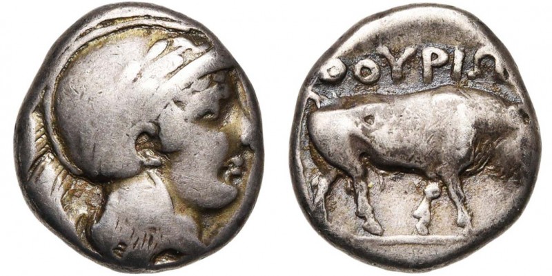 LUCANIE, THOURIOI, AR statère, vers 350 av. J.-C. D/ T casquée d''Athéna à d., l...