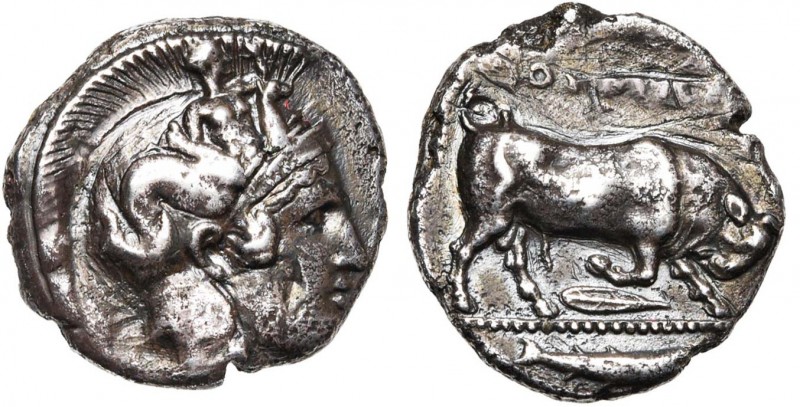 LUCANIE, THOURIOI, AR statère, vers 330 av. J.-C. D/ T. casquée d''Athéna à d., ...