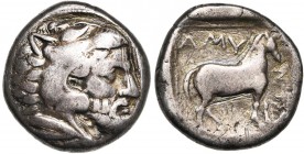ROYAUME DE MACEDOINE, Amyntas III (392-390), AR didrachme. D/ T. d''Héraclès barbu à d., coiffé de la dépouille de lion. R/ AMY-NTA Cheval à d. Le tou...