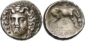 THESSALIE, LARISSA, AR hémidrachme, fin 4e-début 3e s. av. J.-C. D/ T. de la nymphe Larissa de f., légèrement tournée vers la g., les cheveux retenus ...