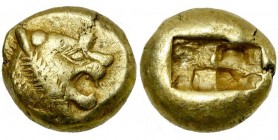 ROYAUME DE LYDIE, El. trité, 600-590 av. J.-C., Sardes. D/ T. de lion à d., la gueule béante, une petite étoile sur le museau. R/ Deux carrés incus. W...