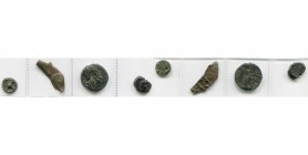 LITTORAL DE LA MER NOIRE, lot de 4 bronzes: Istros, 5e s. av. J.-C., Roue à quatre rayons/ΙΣΤ; Olbia, 5e-4e s., Dauphin/APIX:O; 330-300, T. de dieu-fl...