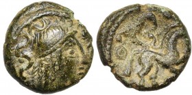 GAULE BELGIQUE, Ambiani, AE bronze. D/ T. d''Apollon à d., les cheveux calamistrés. Derrière, trois S. Devant, annelet et deux S. R/ Cheval à d., un o...