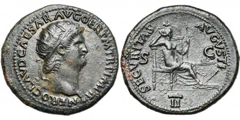 NERON (54-68), AE dupondius, 65, Lyon. D/ NERO CLAVD CAESAR AVG GER P M TR P IMP...