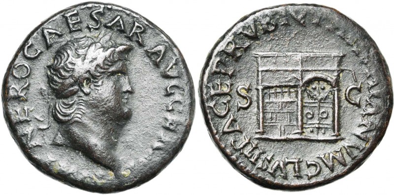 NERON (54-68), AE as, 65, Rome. D/ NERO CAESAR AVG GERM IMP T. l. à d. R/ PACE P...