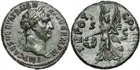 TRAJAN (98-117), AE as, 99-100, Rome. D/ IMP CAES NERVA TRAIAN AVG GERM PM T. l. à d. R/ TR POT- COS III PP/ S-C Victoire allant à g., ten. un bouclie...