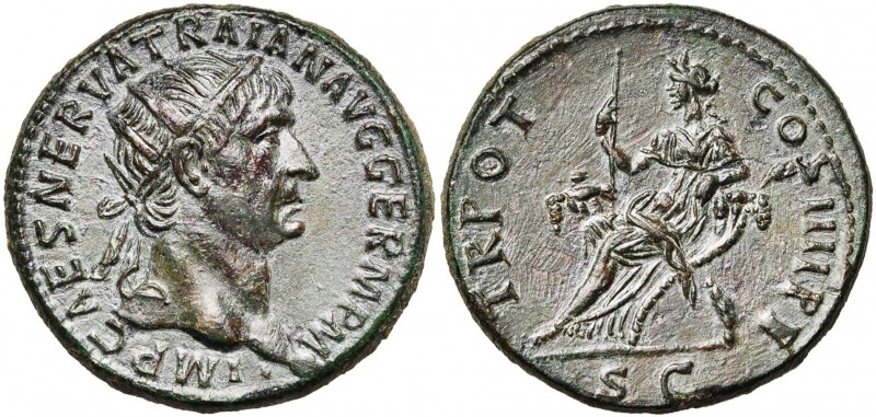 TRAJAN (98-117), AE dupondius, 101-102, Rome. D/ IMP CAES NERVA TRAIAN AVG GERM ...