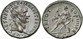 TRAJAN (98-117), AE dupondius, 101-102, Rome. D/ IMP CAES NERVA TRAIAN AVG GERM PM T. r. à d. R/ TR POT-COS IIII P.P./ S C Abundantia ten. un sceptre,...