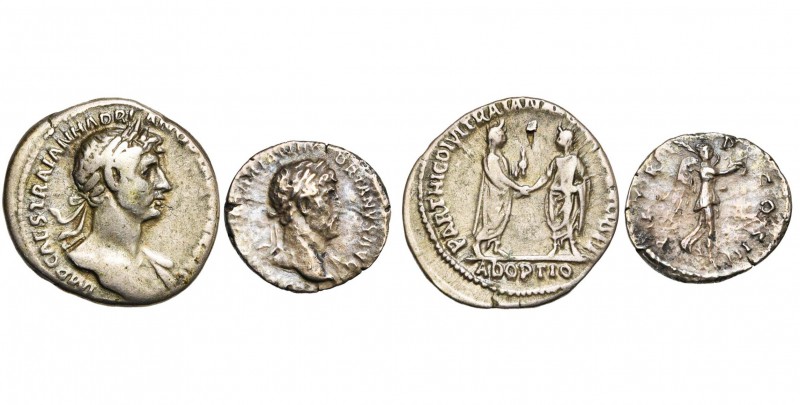 HADRIEN (117-138), lot de 2 p.: denier, 117, R/ Trajan et Hadrien se serrant la ...