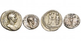 HADRIEN (117-138), lot de 2 p.: denier, 117, R/ Trajan et Hadrien se serrant la main; quinaire, 119-122, R/ Victoire avançant à d., ten. une couronne ...