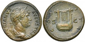 HADRIEN (117-138), AE as, 119-138, Rome. D/ HADRIANVS AVGVSTVS B. l., dr., à d. R/ COS III/ S-C Lyre. BMC 440, 1354; RIC 684. 9,76g Rare Patine brune....