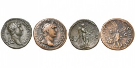 lot de 2 as: Trajan, 99-100, Rome, R/ Victoire ten. un bouclier (Beau à Très Beau); Hadrien, 119-138, Rome, R/ Némésis avançant à d. (Très Beau)....